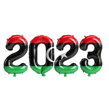 Beyaz zemin üzerinde Libya bayrağı bulunan 2023 yıllık balonların 3D çizimi