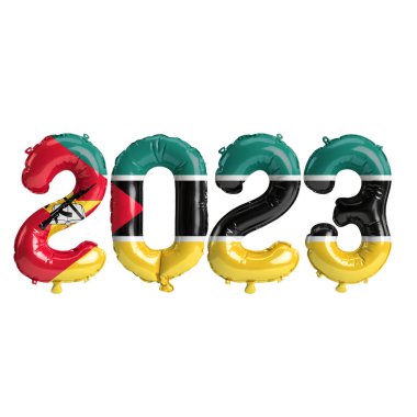 Mozambik bayrağı beyaz zemin üzerinde izole edilmiş 2023 yıllık balonların 3D çizimi