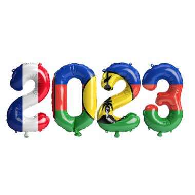 Beyaz zemin üzerinde izole edilmiş bayraklı 2023 yıllık balonların 3D çizimi