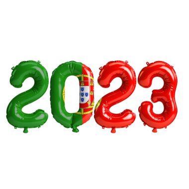 Beyaz arka planda izole edilmiş Portekiz bayraklı 2023 yıllık balonların 3D çizimi