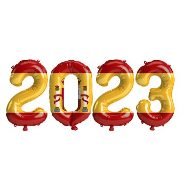 Beyaz zemin üzerinde İspanya bayrağı bulunan 2023 yıllık balonların 3D çizimi