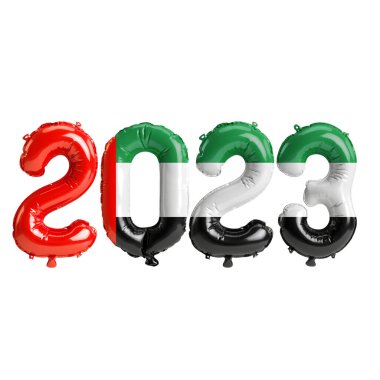 Beyaz zemin üzerinde Uae bayrağı bulunan 2023 yıllık balonların 3D çizimi