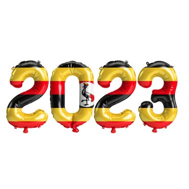 Beyaz zemin üzerinde Uganda bayrağı bulunan 2023 yıllık balonların 3D çizimi