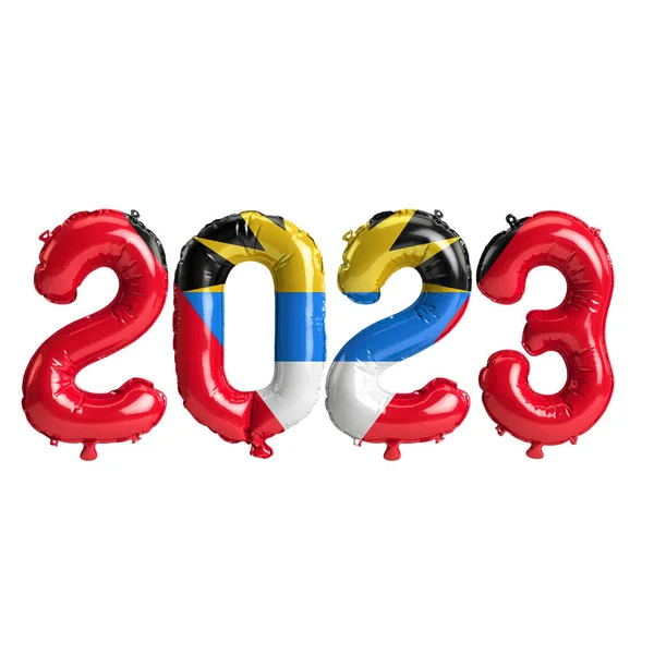 Ilustrace Balónů Roku 2023 Vlajkou Antiguy Barbudy Izolovaných Bílém Pozadí — Stock fotografie