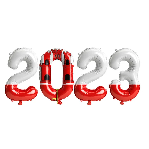 Ilustração Balões 2023 Anos Com Bandeira Gibraltar Isolada Fundo Branco — Fotografia de Stock