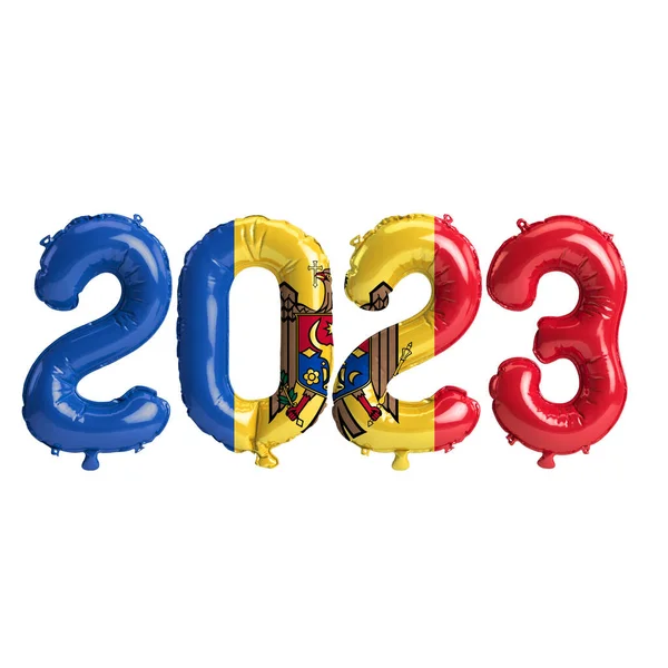 Beyaz Zemin Üzerinde Moldova Bayrağı Bulunan 2023 Yıllık Balonların Çizimi — Stok fotoğraf