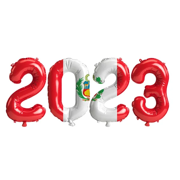 白い背景にペルーの旗が隔離された2023年の気球の3Dイラスト — ストック写真