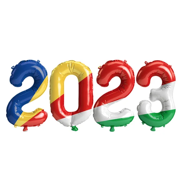 Εικονογράφηση Του 2023 Έτος Μπαλόνια Σημαία Σεϋχελλών Απομονώνονται Λευκό Φόντο — Φωτογραφία Αρχείου