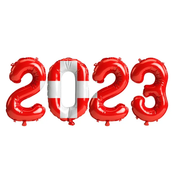 白い背景にスイスの国旗が孤立した2023年の気球の3Dイラスト — ストック写真