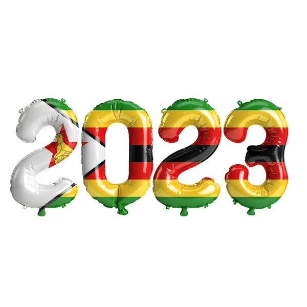 3D图解2023年带有津巴布韦国旗的气球 白色背景孤立 — 图库照片