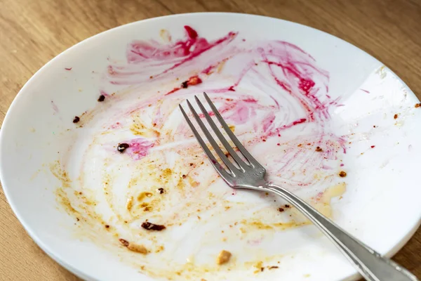 Des Couverts Fourchette Sur Une Assiette Des Plats Sales Après — Photo