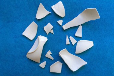 Arka planda parçalar var. Beyaz kıymıklar, yerdeki bir sofra takımının parçaları. Kırık bir tabağın enkazı ve parçaları.