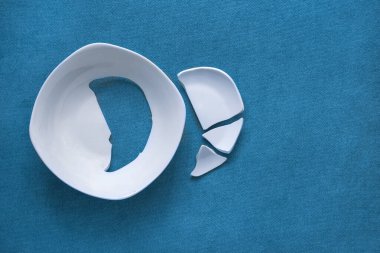 Kırık tabak. Beyaz parçalar, parçalanmış bir tabağın kıymıkları