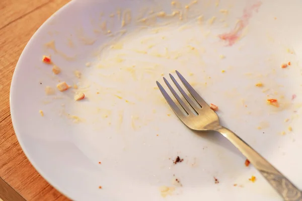 Plato Sucio Mesa Después Una Comida Vista Superior Del Plato — Foto de Stock