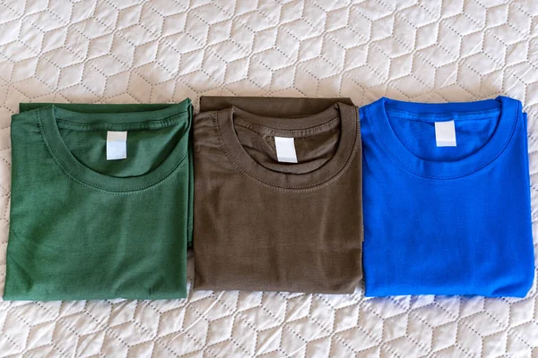 Camisetas Dobradas Cores Diferentes Close Várias Shirts Coloridas Novo Conceito — Fotografia de Stock