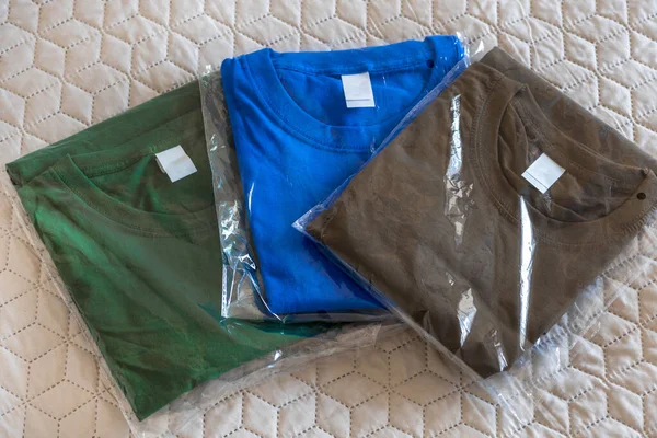 Camisetas Dobradas Cores Diferentes Close Várias Shirts Coloridas Novo Conceito — Fotografia de Stock