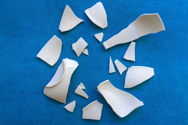 Arka planda parçalar var. Beyaz kıymıklar, yerdeki bir sofra takımının parçaları. Kırık bir tabağın enkazı ve parçaları.