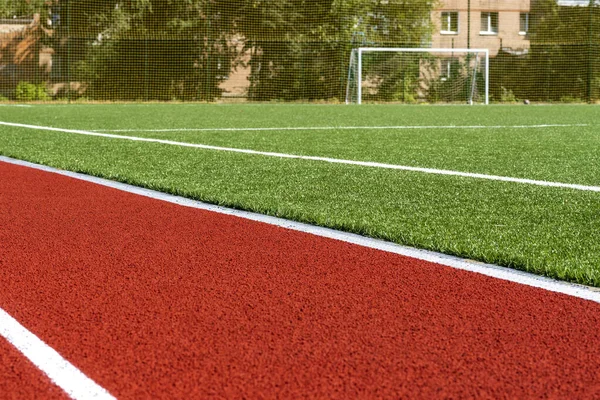 Puertas Fútbol Fútbol Gol Estadio Campo Fútbol Con Césped Artificial —  Fotos de Stock