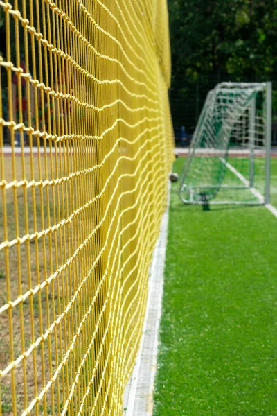 Bramy Piłkarskie Przeszkody Bramką Futbolową Pole Piłki Nożnej Sztucznym Trawnikiem — Zdjęcie stockowe