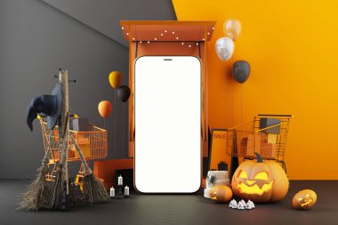 balkabağı kafası, mum, süpürge ve cadı şapkası ve alışveriş arabası siyah ve turuncu desenli beyaz ekranlı bir akıllı telefonun etrafında, Cadılar Bayramı alışverişi çevrimiçi 3 boyutlu resimleme 