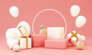 Romantik yaratıcı kompozisyon. Sevgililer Günün kutlu olsun. Gerçekçi 3D dekoratif nesneler, kalp şeklinde balonlar ve aşk, düşen hediye kutusu, parıltılı altın. Tatil afişi ve poster. 3d hazırlayıcı