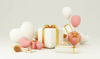 Romantik yaratıcı kompozisyon. Sevgililer Günün kutlu olsun. Gerçekçi 3D dekoratif nesneler, kalp şeklinde balonlar ve aşk, düşen hediye kutusu, parıltılı altın. Tatil afişi ve poster. 3d hazırlayıcı