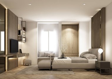 iç tasarım modern klasik yatak odası tarzı beyaz ahşap ve altın desenli ve gri mobilya seti ile pencereler ve ahşap döşeme 3D iç döşeme perdesi