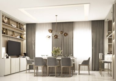 iç tasarım modern klasik yaşam tarzı ve yemek alanı siyah mermer ve siyah çelik desenli ve gri mobilyalı 3D döşemeli.