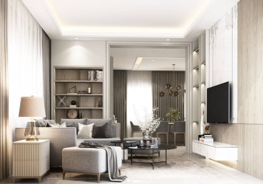 iç tasarım modern klasik yaşam tarzı ve yemek alanı siyah mermer ve siyah çelik desenli ve gri mobilyalı 3D döşemeli.