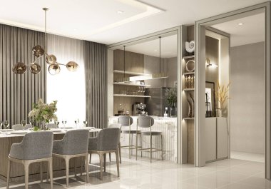 iç tasarım modern klasik yaşam tarzı ve yemek alanı siyah mermer ve siyah çelik desenli ve gri mobilyalı 3D döşemeli.
