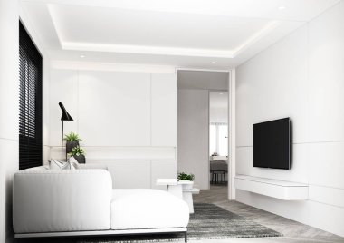 Minimalist tarzda tasarlanmış bir oturma odası. Sıcak tonlarda ve ahşap malzemelerle, parke zeminde, TV dolaplarında, sehpalı gri kumaş koltuklarda ve pencerelerde ahşap panjurlar. 3d hazırlayıcı