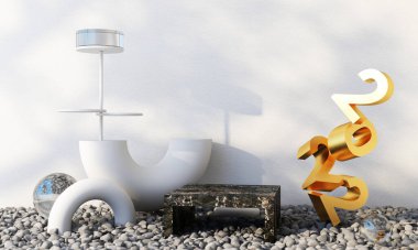 2022 yılının altın rengi harfleri, geometrik şekillerle çevrili siyah mermer renkleri, ürünleri ve şeffaf toplarla hediye kutuları. 3d oluşturma