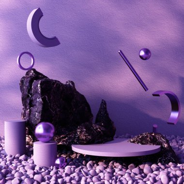 Ürün sunumu için minimum kozmetik arka plan. Mor metal geometrik formda taş ve siyah keçeli kalem ve mor taş duvar zemininde podyum. 3d resimleme.