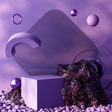 Ürün sunumu için minimum kozmetik arka plan. Mor metal geometrik formda taş ve siyah keçeli kalem ve mor taş duvar zemininde podyum. 3d resimleme.