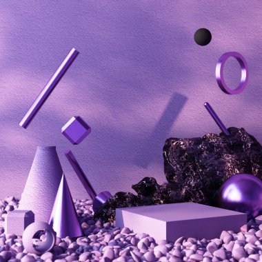 Ürün sunumu için minimum kozmetik arka plan. Mor metal geometrik formda taş ve siyah keçeli kalem ve mor taş duvar zemininde podyum. 3d resimleme.