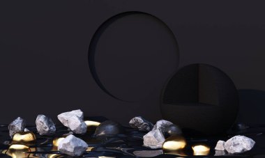 Ürün sunumu için minimum kozmetik arka plan. Altın yay geometrik formda taş ve siyah bilye ile ve siyah su rengi beton arka planda podyum. 3d resimleme.