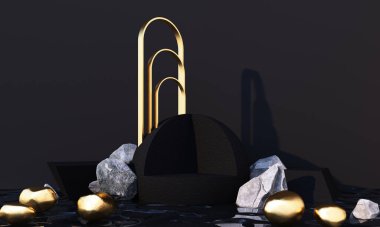 Ürün sunumu için minimum kozmetik arka plan. Altın yay geometrik formda taş ve siyah bilye ile ve siyah su rengi beton arka planda podyum. 3d resimleme.