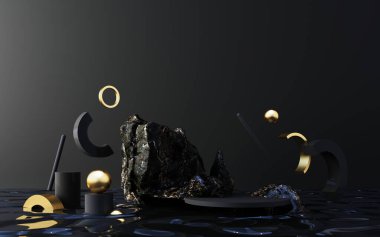 Podyumlu en küçük sahne. Altın ve siyah mermer sahne. Pankartlar, promosyon, kozmetik ürünler için moda. Islak su 3d üzerinde geometrik şekiller