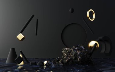 Podyumlu en küçük sahne. Altın ve siyah mermer sahne. Pankartlar, promosyon, kozmetik ürünler için moda. Islak su 3d üzerinde geometrik şekiller