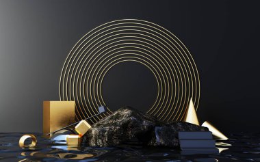 Podyumlu en küçük sahne. Altın ve siyah mermer sahne. Pankartlar, promosyon, kozmetik ürünler için moda. Islak su 3d üzerinde geometrik şekiller