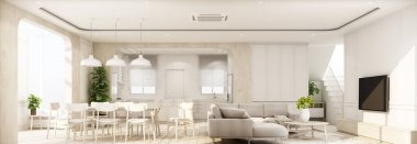 Beyaz klasik duvarlı ahşap döşeme, geniş oda, minimal ev ve gökyüzü ışığı penceresi, oturma odası ve mutfak odası mobilyaları, rahat bir tarzda hazırlanmış 3D panorama.