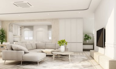 İç mekan ahşap zemin üzerinde beyaz klasik duvar büyük oda minimal ev ve gökyüzü penceresi oturma odası ve mutfak odası mobilya seti rahat 3D görüntüleme