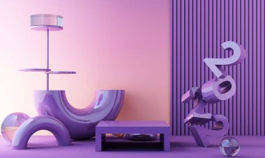 2022 yılbaşı konseptinde harfler, mor pembe trend renk tonları, ürünleri ve şeffaf toplarla hediye kutularını gösteren geometrik şekillerle çevrili. 3d oluşturma