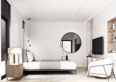 Yatak odası minimalist tarzda dizayn edilmiş, yataklı, komodinli. Duvarlar ahşap malzemelerle süslenmiş parke zeminler ve ahşap panjurlar birçok dekorasyonla süslenmiş.