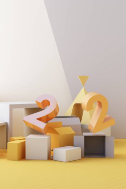 2022 yılbaşı konseptinde, ürünleri ve hediye kutularını şeffaf toplarla sergilemek için geometrik şekillerle çevrili sarı tonlu harfler. dikey çerçeve 3d oluşturucu