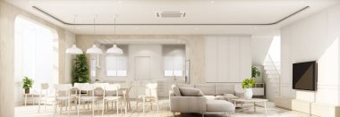 Beyaz klasik duvarlı ahşap döşeme, geniş oda, minimal ev ve gökyüzü ışığı penceresi, oturma odası ve mutfak odası mobilyaları, rahat bir tarzda hazırlanmış 3D panorama.