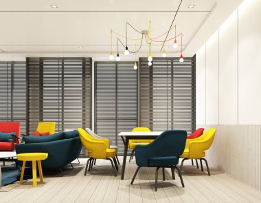 İç dekorasyonu kırmızı, mavi ve gri renkli duvarlı, ahşap tabanlı, tavanlı ve ahşap perdeli, ahşap kaplamalı bir iç dekorasyon.