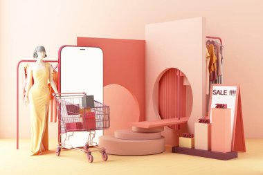 Sosyal medya uygulaması üzerinden online kadın kıyafetleri alışverişi konsepti. 3 boyutlu akıllı telefon ekranı, alışveriş çantası, sohbet mesajı, pembe renkli alışveriş arabası 3D görüntüleme.