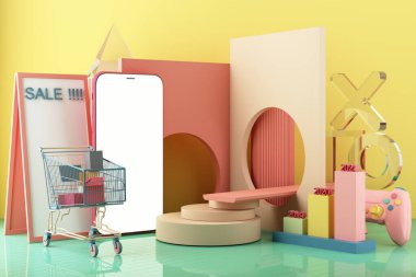 Mobil Ekran Uygulaması 'nda Alışveriş Online' ın mobil telefon temsilcisi Gamepad ve video oyun konsolu renkler pastel ve istatistik çubuğu 3d yorumlama ile Dijital pazarlama