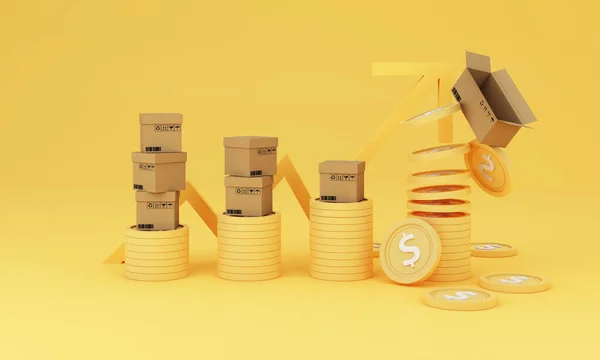 美元金币 黄色箭头环绕着纸板箱和背面的存货图 这些都是通货膨胀概念不断上升的原因 在黄色背景下3D渲染 — 图库照片